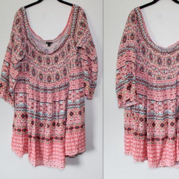 Torrid Mosaic Smocked Bell Sleeve Dress Boho Off Shoulder Plus Size 4 4X H13242 - Picture 10 of 11
